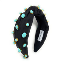 Load image into Gallery viewer, Elegant black headband adorned with turquoise and gold beads, featuring a twist knot detail. The design is stylish and sophisticated.
