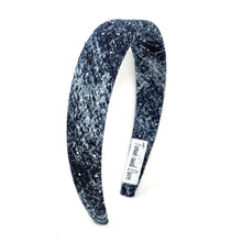 Load image into Gallery viewer, Dark blue denim headband with a textured pattern and rhinestones. The headband has a tag and lies on a white background.