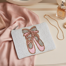 Load image into Gallery viewer, White beaded pouch with pink ballet flats design.