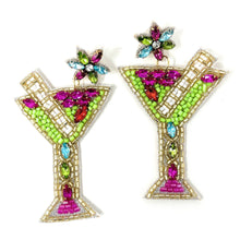 Load image into Gallery viewer, martini beaded Earrings, beaded bow Earrings, martini Earrings, apple martini Beaded Earrings, vacation earrings, resort earrings, bachelorette beaded earrings, apple martini earrings, unique earrings, martini seed bead earrings, bejeweled accessories, resort accessories, resort beaded earrings, gifts for mom, best friend gifts, birthday gifts, multicolor earrings, fancy earrings accessory, summer earrings, boho earrings, fancy rhinestone earrings, rhinestone earrings, embellished earrings