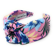 Load image into Gallery viewer, Summer Headband, Summer Knotted Headband, Floral Knot Headband, pink Hair Accessories, Blue knot Headband, Best Seller, headbands for women, best selling items, pink floral knotted headband, hairbands for women, pink Summer gifts, Floral top knot Headband, floral hair accessories, Spring Summer knot headband, Palms knotted headband, Statement headband, blue color headband, Blue color knot headband, floral hairband, solid color headband, tropical knot headband, vacation headband, wide knot headband 