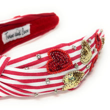 Load image into Gallery viewer, Valentines day Headband, Hearts Headband, red white Heart Jeweled Knot Headband, gold hearts Knot Headbands, Valentines Day Knotted Headband, knotted headband, birthday gift for her, headbands for women, best selling items, knotted headbands, hair accessories, pink knot headband, valentine’s day headband, valentines headband, valentines day gifts, embellished headband, Pink headband, red striped headbands, custom headband, bejeweled knot headband, gold Hearts headband, handmade headband