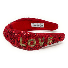 Load image into Gallery viewer, Valentines day Headband, Hearts Headband, red Love Jeweled Knot Headband, red Knot Headbands, Valentines Day Knotted Headband, knotted headband, birthday gift for her, headbands for women, best selling items, knotted headbands, hair accessories, red knot headband, valentine’s day headband, valentines headband, valentines day gifts, embellished headband, Pink headband, red sequin headband, custom headband, bejeweled knot headband, sequin headband, handmade headband