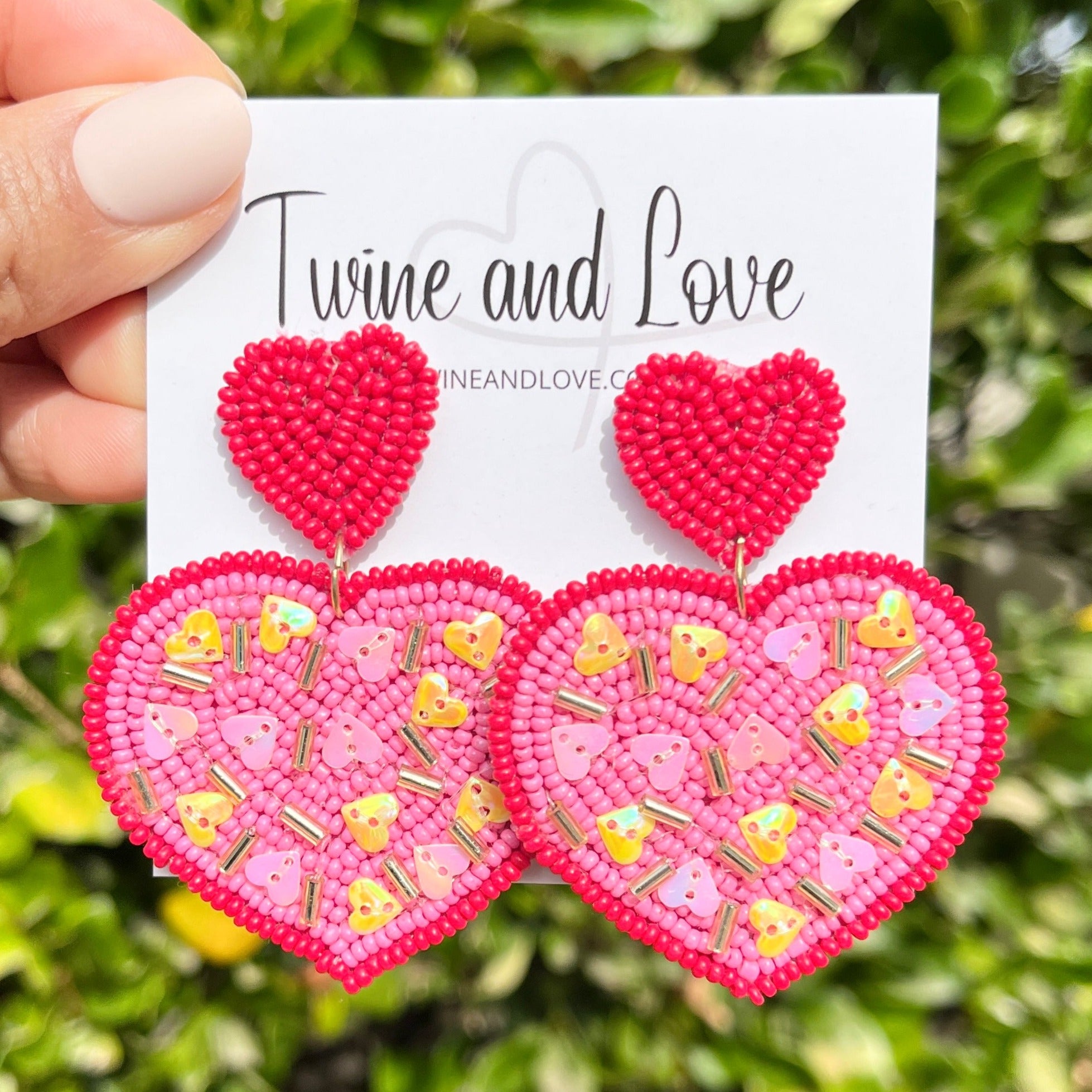Pink Confetti Beaded Earrings, Valentines Beaded Earrings, Hearts Earrings