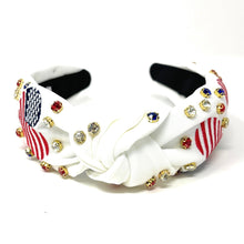 Load image into Gallery viewer, Americana Jeweled Headband, Patriotic Knotted Headband, Patriotic Knot Headband, Fourth of July Hair Accessories, Red White Headband, Best Seller, headbands for women, best selling items, knotted headband, hairbands for women, Patriotic accessories, Independence day gifts, Independence day Headband, Memorial day hair accessories, American headband, USA flag headband, Fourth of July headband, Fourth of July gifts, red white headband, star knot headband, Jeweled headband, USA Jeweled headband, USA Headband