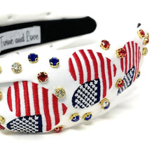 Load image into Gallery viewer, Americana Jeweled Headband, Patriotic Knotted Headband, Patriotic Knot Headband, Fourth of July Hair Accessories, Red White Headband, Best Seller, headbands for women, best selling items, knotted headband, hairbands for women, Patriotic accessories, Independence day gifts, Independence day Headband, Memorial day hair accessories, American headband, USA flag headband, Fourth of July headband, Fourth of July gifts, red white headband, star knot headband, Jeweled headband, USA Jeweled headband, USA Headband