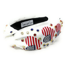 Load image into Gallery viewer, Americana Jeweled Headband, Patriotic Knotted Headband, Patriotic Knot Headband, Fourth of July Hair Accessories, Red White Headband, Best Seller, headbands for women, best selling items, knotted headband, hairbands for women, Patriotic accessories, Independence day gifts, Independence day Headband, Memorial day hair accessories, American headband, USA flag headband, Fourth of July headband, Fourth of July gifts, red white headband, star knot headband, Jeweled headband, USA Jeweled headband, USA Headband