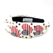 Load image into Gallery viewer, Americana Jeweled Headband, Patriotic Knotted Headband, Patriotic Knot Headband, Fourth of July Hair Accessories, Red White Headband, Best Seller, headbands for women, best selling items, knotted headband, hairbands for women, Patriotic accessories, Independence day gifts, Independence day Headband, Memorial day hair accessories, American headband, USA flag headband, Fourth of July headband, Fourth of July gifts, red white headband, star knot headband, Jeweled headband, USA Jeweled headband, USA Headband