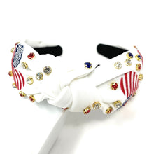 Load image into Gallery viewer, Americana Jeweled Headband, Patriotic Knotted Headband, Patriotic Knot Headband, Fourth of July Hair Accessories, Red White Headband, Best Seller, headbands for women, best selling items, knotted headband, hairbands for women, Patriotic accessories, Independence day gifts, Independence day Headband, Memorial day hair accessories, American headband, USA flag headband, Fourth of July headband, Fourth of July gifts, red white headband, star knot headband, Jeweled headband, USA Jeweled headband, USA Headband