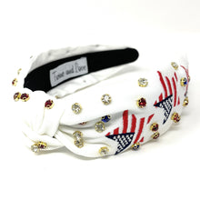 Load image into Gallery viewer, Americana Jeweled Headband, Patriotic Knotted Headband, Patriotic Knot Headband, Fourth of July Hair Accessories, Red White Headband, Best Seller, headbands for women, best selling items, knotted headband, hairbands for women, Patriotic accessories, Independence day gifts, Independence day Headband, Memorial day hair accessories, American headband, USA flag headband, Fourth of July headband, Fourth of July gifts, red white headband, star knot headband, Jeweled headband, USA Jeweled headband, USA Headband