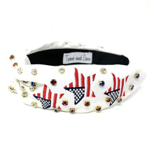 Load image into Gallery viewer, Americana Jeweled Headband, Patriotic Knotted Headband, Patriotic Knot Headband, Fourth of July Hair Accessories, Red White Headband, Best Seller, headbands for women, best selling items, knotted headband, hairbands for women, Patriotic accessories, Independence day gifts, Independence day Headband, Memorial day hair accessories, American headband, USA flag headband, Fourth of July headband, Fourth of July gifts, red white headband, star knot headband, Jeweled headband, USA Jeweled headband, USA Headband