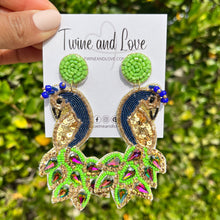 Load image into Gallery viewer, beautiful peacock Beaded Earrings, beaded Earrings, luxury Earrings, peacock Beaded Earrings, Peacock earrings, peacock bead earrings, luxurious beaded earrings, custom earrings, Beaded earrings, handmade earrings, jeweled earrings, peacock accessories, mothers day gift ideas, peacock lover earrings, gifts for mom, best friend gifts, birthday gifts, peacock jewelry, unique earrings, boho earrings, unique jewelry, handcrafted earrings, unique accessories 