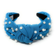 Load image into Gallery viewer, headbands for women, blue pearl headband, handmade headbands, sky blue top knotted headband, blue knotted headband, hair band for women, embellished headband, pearl headband, blue headband for women, luxury headband, jeweled headband for women, knotted jeweled headband, bling headband, embellished knot headband, pearl knot headband, pearly headbands, pearly rhinestone headband, game day hair accessories, game day headband, summer headbands, white pearls headband, best selling items