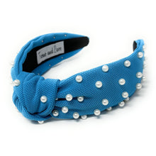Load image into Gallery viewer, headbands for women, blue pearl headband, handmade headbands, sky blue top knotted headband, blue knotted headband, hair band for women, embellished headband, pearl headband, blue headband for women, luxury headband, jeweled headband for women, knotted jeweled headband, bling headband, embellished knot headband, pearl knot headband, pearly headbands, pearly rhinestone headband, game day hair accessories, game day headband, summer headbands, white pearls headband, best selling items