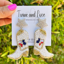 Load image into Gallery viewer, Bachelorette earrings, bride to be gifts, bride to be earrings, Bridal shower gift, bridal shower earrings, cowgirl boots earrings, Texas love, cowgirl beaded accessories, cowgirl accessories, cowgirl earrings, bachelorette gifts, bachelorette beaded earrings, bachelorette party favors, bridal shower party favors, bachelorette gifts for her, bride to be gifts, country girl gifts, country girl earrings, pink earrings, Yeehaw accessories, custom earrings, trendy earrings, Texas boots earrings