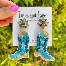 Load image into Gallery viewer, Bachelorette earrings, bride to be gifts, bride to be earrings, Bridal shower gift, bridal shower earrings, cowgirl boots earrings, Texas love, cowgirl beaded accessories, cowgirl accessories, cowgirl earrings, bachelorette gifts, bachelorette beaded earrings, bachelorette party favors, bridal shower party favors, bachelorette gifts for her, bride to be gifts, country girl gifts, country girl earrings, Blue earrings, Yeehaw accessories, custom earrings, trendy earrings, blue boots earrings