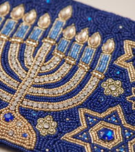 Load image into Gallery viewer, Elegant close-up showcasing the sparkling blue, gold, and crystal beadwork.