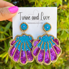 Load image into Gallery viewer, custom beaded Earrings, seashell Earrings, shell Beaded Earrings, sea shell earrings, mermaid earrings, women earrings, Statement earrings, handmade earrings, custom earrings, bejeweled accessories, fancy accessories, purple color earrings, gifts for mom, best friend gifts, birthday gifts, bohemian earrings, fancy earrings accessory, party earrings, Fancy earrings, boho earrings, rhinestone earrings, embellished earrings, Fancy jeweled earrings, Lightweight earrings, statement earrings, Tropical earrings