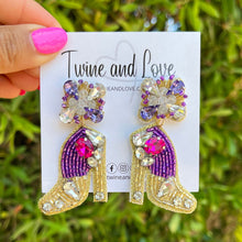 Load image into Gallery viewer, custom beaded Earrings, beaded Earrings, purple heels Earrings, heels Beaded Earrings, purple bead earrings, Heel bead earrings, women earrings, Statement earrings, handmade earrings, custom earrings, bejeweled accessories, fancy accessories, Purple color earrings, gifts for mom, best friend gifts, birthday gifts, bohemian earrings, fancy earrings accessory, stiletto heels earrings, Fancy earrings, boho earrings, rhinestone earrings, embellished earrings, Fancy jeweled earrings
