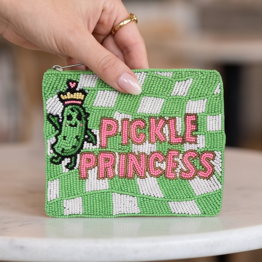 Pickle Princess hand-beaded pouch with pink lettering and green checkered pattern.
