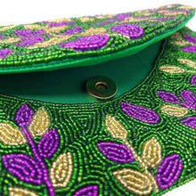 Load image into Gallery viewer, Mardi Gras Celebration Beaded Crossbody Chain  Clutch Bag Handbag, beaded clutch, beaded purse for mardi gras, mardi gras outfit, mardi gras celebration gift, mardi gras celebration outfit, gift for mardi gras, mardi gras gifts, Mardi Gras clutch purse, Mardi gras sequin bag, beaded bag, NOLA accessories, NOLA accessory, Mardi Gras accessory, Beaded sequin bag, Bags for mardi gras, party night out bags, party bags, Handmade gifts, hand beaded clutch purse, custom clutch purse, custom accessories