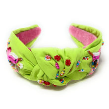 Load image into Gallery viewer, headband for women, hummingbird Knot headband, hummingbird headband, neon green knotted headband, summer top knot headband, Summer top knotted headband, hummingbird knotted headband, Summer hair band, beaded bird knot headband, hummingbird motif headband, statement headbands, top knotted headband, knotted headband, hummingbird lover gifts, bird embellished headband, luxury headband, Birthday gifts, Summer Knot headband, Summer knot embellished headband, Mothers day gifts ideas, neon green knot headband
