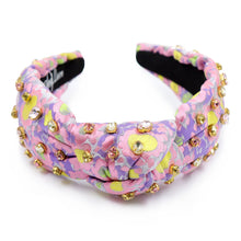 Load image into Gallery viewer, headband for women, summer Knot headband, Spring summer headband, tropical knotted headband, floral top knot headband, tropical top knotted headband, multicolor knotted headband, multicolor print headband, tropical print hair band, flowers knot headbands, Summer headband, statement headbands, top knotted headband, knotted headband, Purple pink hair accessories, embellished headband, best selling items, luxury headband, floral headband, handmade gifts, floral jeweled headband, custom headband 