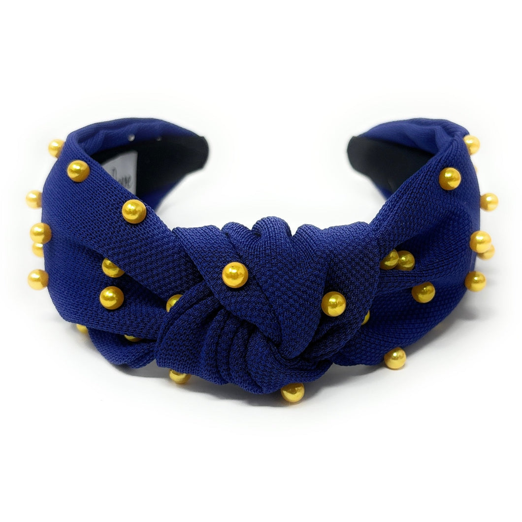 headbands for women, blue gold headband, handmade headbands, gold blue top knotted headband, blue knotted headband, hair band for women, embellished headband, pearl headband, blue headband for women, football headband, jeweled headband for women, knotted jeweled headband, Michigan wolverines headband, embellished knot headband, pearl knot headband, pearly headbands, Michigan headband, game day hair accessories, game day headband, summer headbands, royal blue headband, best selling items