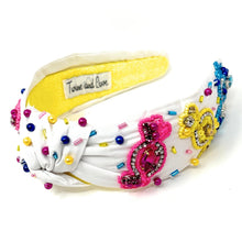 Load image into Gallery viewer, Sweet candy headband for women, sprinkles Knotted headband, candy headbands for women, birthday headbands, top knot headband, sprinkles top knot headband, pink headband, sprinkles hair band, trendy headbands, top knotted headband, statement headbands, top knotted headband, knotted headband, party headbands, trendy headband, fashion headbands, embellished headband, rhinestone headband, gemstone headband for women, luxury headband, jeweled headband for women, jeweled knot headband, happy birthday headbands 