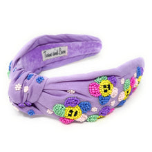 Load image into Gallery viewer, headband for women, Multicolor Knot headband, multicolor headband, lavender knotted headband, summer top knot headband, Summer top knotted headband, smiley flower knotted headband, Smiley flower hair band, beaded Flower knot headband, multi flower motif headband, statement headbands, top knotted headband, knotted headband, Rainbow flower lover gifts, rainbow flower embellished headband, luxury headband, Birthday gifts, Summer Knot headband, Summer knot embellished headband, knot headband