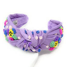 Load image into Gallery viewer, headband for women, Multicolor Knot headband, multicolor headband, lavender knotted headband, summer top knot headband, Summer top knotted headband, smiley flower knotted headband, Smiley flower hair band, beaded Flower knot headband, multi flower motif headband, statement headbands, top knotted headband, knotted headband, Rainbow flower lover gifts, rainbow flower embellished headband, luxury headband, Birthday gifts, Summer Knot headband, Summer knot embellished headband, knot headband