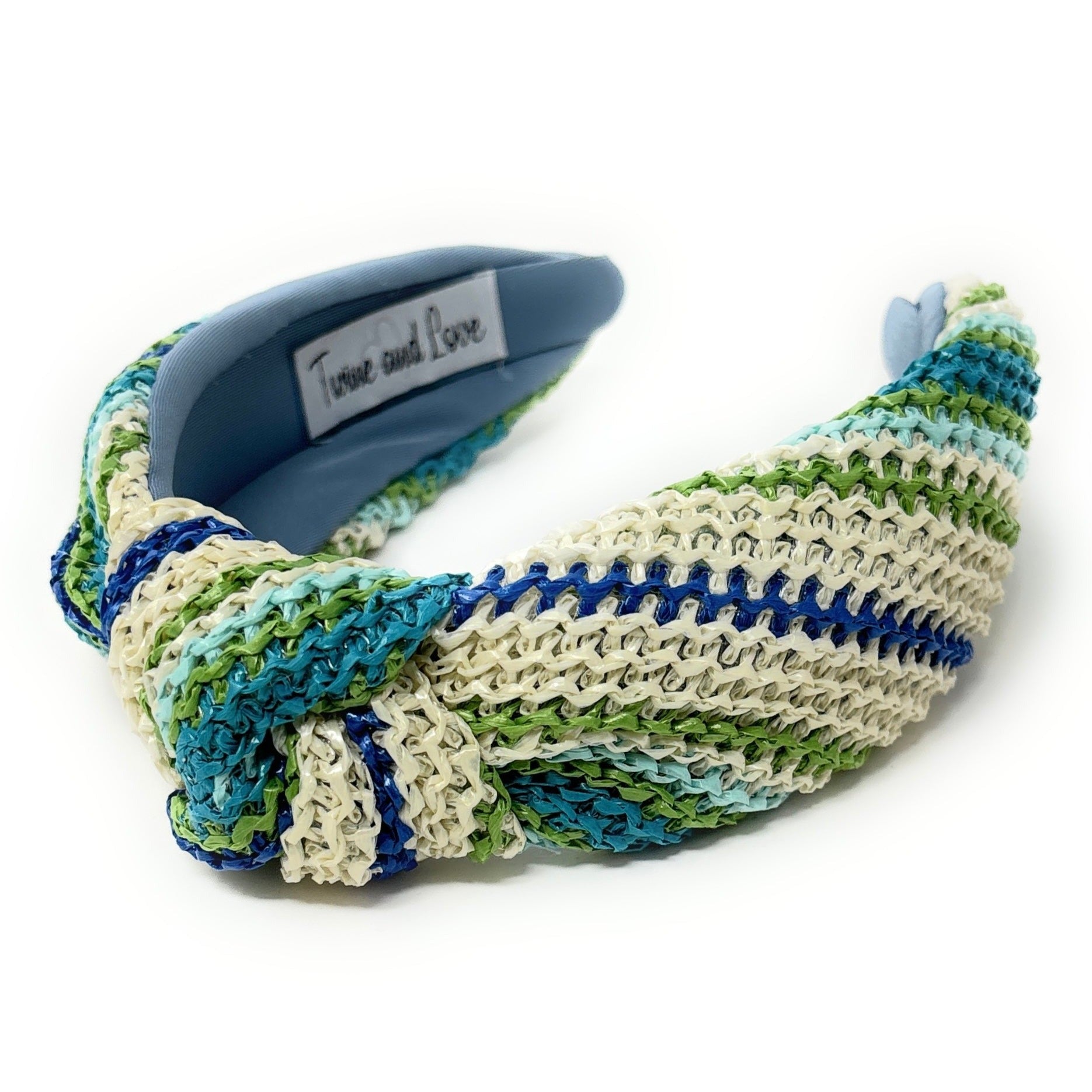 Blue, Green, and Cream Raffia Textured Knitted Headband French Knot Women main image 2