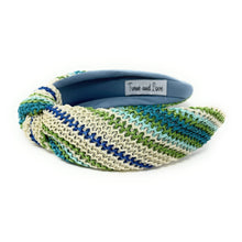 Load image into Gallery viewer, headband for woman, fashion headbands, blue green raffia knot headband, woven headbands for women, stylish headbands, raffia headband style, top knot headband, woven top knot headband, ivory headband, raffia hair band, multicolor raffia headband, raffia woven headband, women top knot headband, summer headbands, beige knot headband, woven top knot headband, handmade headbands, top knotted headband, knotted headband, boho headband, beige knotted headband, solid color headband, resort headband