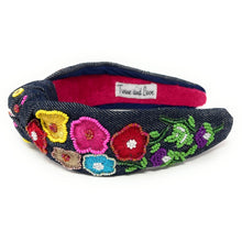 Load image into Gallery viewer, headband for women, Multicolor Knot headband, summer headband, summer knotted headband, summer top knot headband, Summer top knotted headband, multi color knotted headband, Summer hair band, beaded colorful headband, multicolor floral headband, dark denim headband, top knotted headband, knotted headband, denim lover gifts, Beaded embellished headband, luxury headband, Birthday gifts, Summer Knot headband, Summer knot embellished headband, denim knot headband