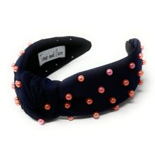 Load image into Gallery viewer, headbands for women, navy blue orange headband, handmade headbands, navy blue top knotted headband, Denver Broncos knotted headband, Syracuse university Headband, Auburn tigers headband, orange pearl headband, navy blue orange headband, football headband, jeweled headband, knotted jeweled headband, Alabama football headband, Auburn tigers knot headband, Denver knot headband, pearly headbands, Broncos headband, game day hair accessories, game day headband, football headbands, best selling items