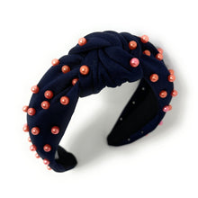 Load image into Gallery viewer, headbands for women, navy blue orange headband, handmade headbands, navy blue top knotted headband, Denver Broncos knotted headband, Syracuse university Headband, Auburn tigers headband, orange pearl headband, navy blue orange headband, football headband, jeweled headband, knotted jeweled headband, Alabama football headband, Auburn tigers knot headband, Denver knot headband, pearly headbands, Broncos headband, game day hair accessories, game day headband, football headbands, best selling items