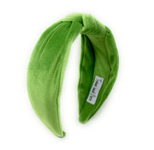 Load image into Gallery viewer, Fall Autumn Headband, Fall Knotted Headband, green Knot Headband, Fall Hair Accessories, velvet lime green Headband, Best Seller, headbands for women, best selling items, knotted headband, hairbands for women, Fall Winter gifts, Solid color knot Headband, Solid color hair accessories, wide knot headband, Velour knotted headband, Statement headband, Birthday gifts, lime green wide knot headband, Fall Autumn  accessories, Purple headband, lime green velour headband, Velvet knot headband, velvet knotted headba