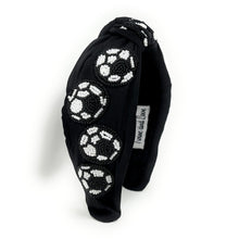 Load image into Gallery viewer, headband for women, soccer Knot headband, soccer lover headband, soccer knotted headband, soccer top knot headband, soccer top knotted headband, white knotted headband, soccer hair band, beaded soccer knot headband, white color soccer headband, statement headbands, top knotted headband, knotted headband, soccer lover gifts, soccer embellished headband, luxury headband, soccer fan gifts, jeweled knot headband, soccer knot embellished headband, soccer fan gifts, futlbol