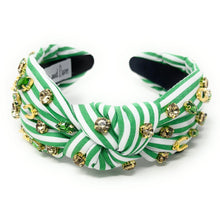 Load image into Gallery viewer, headbands for women, white green knotted headband, headband style, top knot headband, green top knot headband, lucky charm jeweled headband, lucky charm hair band, green Jeweled knot headband, St Patrick’s Jeweled headband, top knotted headband, hand bead knotted headband, Clover leaf hair band for women, St Patrick’s Embellished headband, statement headbands, embellished headband, chic headband, clover leaf knot headband, st paddy’s headband, green hair accessories, four leaf clover headband