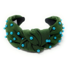 Load image into Gallery viewer, headbands for women, blue green headband, handmade headbands, green blue top knotted headband, green knotted headband, hair band for women, embellished headband, pearl headband, blue headband for women, football headband, jeweled headband for women, knotted jeweled headband, roll wave headband, roll wave tulane knot headband, pearl knot headband, pearly headbands, Tulane headband, game day hair accessories, game day headband, summer headbands, Tulanian colors, best selling items