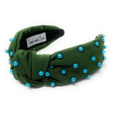 Load image into Gallery viewer, headbands for women, blue green headband, handmade headbands, green blue top knotted headband, green knotted headband, hair band for women, embellished headband, pearl headband, blue headband for women, football headband, jeweled headband for women, knotted jeweled headband, roll wave headband, roll wave tulane knot headband, pearl knot headband, pearly headbands, Tulane headband, game day hair accessories, game day headband, summer headbands, Tulanian colors, best selling items