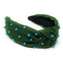 Load image into Gallery viewer, headbands for women, blue green headband, handmade headbands, green blue top knotted headband, green knotted headband, hair band for women, embellished headband, pearl headband, blue headband for women, football headband, jeweled headband for women, knotted jeweled headband, roll wave headband, roll wave tulane knot headband, pearl knot headband, pearly headbands, Tulane headband, game day hair accessories, game day headband, summer headbands, Tulanian colors, best selling items