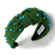 Load image into Gallery viewer, headbands for women, blue green headband, handmade headbands, green blue top knotted headband, green knotted headband, hair band for women, embellished headband, pearl headband, blue headband for women, football headband, jeweled headband for women, knotted jeweled headband, roll wave headband, roll wave tulane knot headband, pearl knot headband, pearly headbands, Tulane headband, game day hair accessories, game day headband, summer headbands, Tulanian colors, best selling items