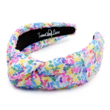 Load image into Gallery viewer, headband for women, summer Knot headband, neon headband, Summer knotted headband, Multicolor top knot headband, multi color top knotted headband, multicolor knotted headband, Bright knot headband, Sequin hair band, neon knot headbands, Neon headband, statement headbands, top knotted headband, knotted headband, Multicolor accessories, embellished headband, gemstone knot headband, luxury headband, embellished knot headband, multicolor knot headband, summer knot embellished headband