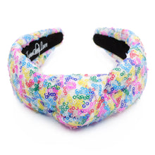 Load image into Gallery viewer, headband for women, summer Knot headband, neon headband, Summer knotted headband, Multicolor top knot headband, multi color top knotted headband, multicolor knotted headband, Bright knot headband, Sequin hair band, neon knot headbands, Neon headband, statement headbands, top knotted headband, knotted headband, Multicolor accessories, embellished headband, gemstone knot headband, luxury headband, embellished knot headband, multicolor knot headband, summer knot embellished headband