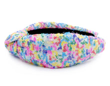 Load image into Gallery viewer, headband for women, summer Knot headband, neon headband, Summer knotted headband, Multicolor top knot headband, multi color top knotted headband, multicolor knotted headband, Bright knot headband, Sequin hair band, neon knot headbands, Neon headband, statement headbands, top knotted headband, knotted headband, Multicolor accessories, embellished headband, gemstone knot headband, luxury headband, embellished knot headband, multicolor knot headband, summer knot embellished headband