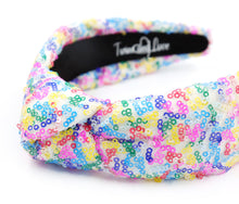 Load image into Gallery viewer, headband for women, summer Knot headband, neon headband, Summer knotted headband, Multicolor top knot headband, multi color top knotted headband, multicolor knotted headband, Bright knot headband, Sequin hair band, neon knot headbands, Neon headband, statement headbands, top knotted headband, knotted headband, Multicolor accessories, embellished headband, gemstone knot headband, luxury headband, embellished knot headband, multicolor knot headband, summer knot embellished headband