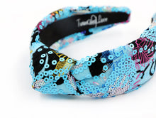 Load image into Gallery viewer, headband for women, summer Knot headband, blue headband, Summer knotted headband, blue sequin top knot headband, sequin top knotted headband, multicolor knotted headband, blue knot headband, Sequin hair band, sequin knot headbands, sequin black headband, statement headbands, top knotted headband, knotted headband, blue accessories, embellished headband, gemstone knot headband, luxury headband, embellished knot headband, multicolor knot headband, summer knot embellished headband