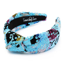 Load image into Gallery viewer, headband for women, summer Knot headband, blue headband, Summer knotted headband, blue sequin top knot headband, sequin top knotted headband, multicolor knotted headband, blue knot headband, Sequin hair band, sequin knot headbands, sequin black headband, statement headbands, top knotted headband, knotted headband, blue accessories, embellished headband, gemstone knot headband, luxury headband, embellished knot headband, multicolor knot headband, summer knot embellished headband