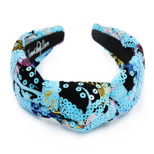 Load image into Gallery viewer, headband for women, summer Knot headband, blue headband, Summer knotted headband, blue sequin top knot headband, sequin top knotted headband, multicolor knotted headband, blue knot headband, Sequin hair band, sequin knot headbands, sequin black headband, statement headbands, top knotted headband, knotted headband, blue accessories, embellished headband, gemstone knot headband, luxury headband, embellished knot headband, multicolor knot headband, summer knot embellished headband